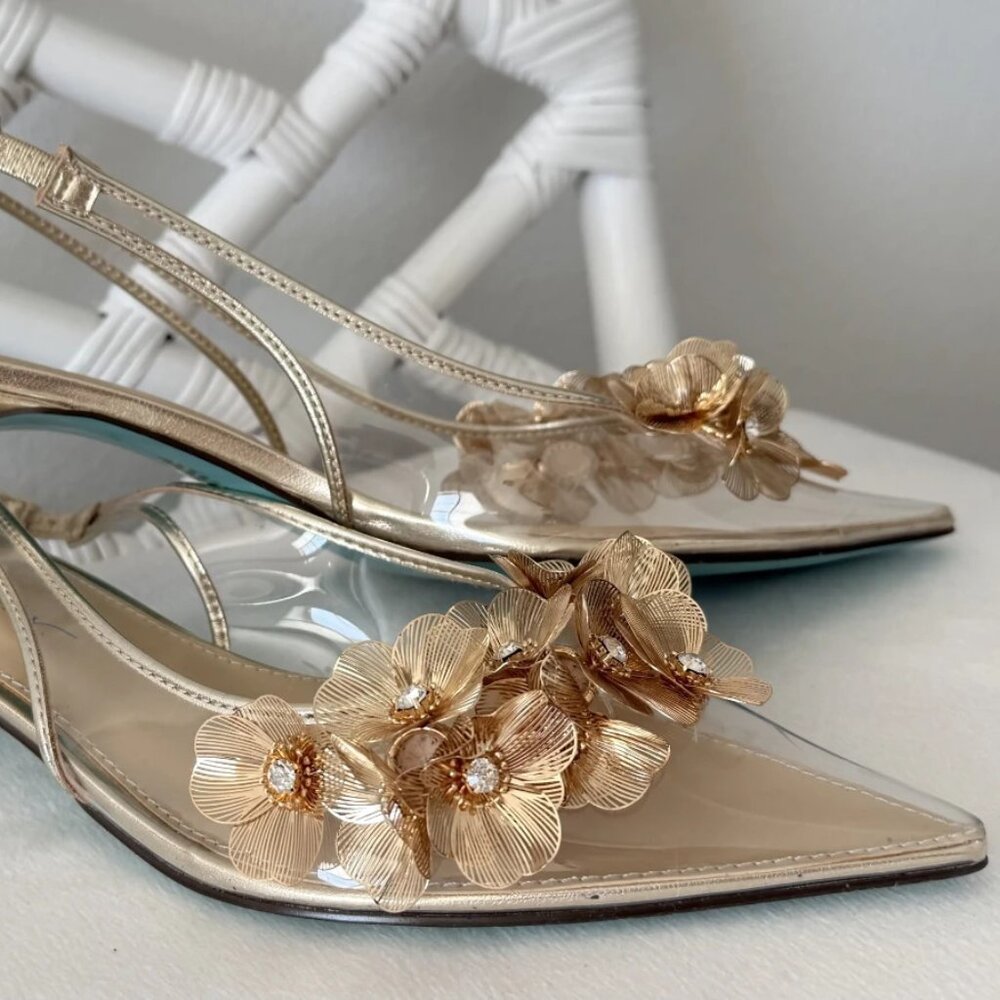 Betsey Johnson Womens Robin Heel Shoes Pump Flower Embellisments Gold Sz 8.5 New - Picture 4 of 11